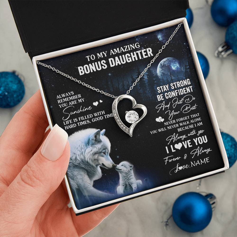 Forever Love Necklace 14K White Gold Finish | 2 | Personalized To My Bonus Daughter Necklace From Stepdad Mom Moon Wolf Stepddaughter Birthday Gifts Jewelry Christmas Customized Gift Box Message Card | teecentury