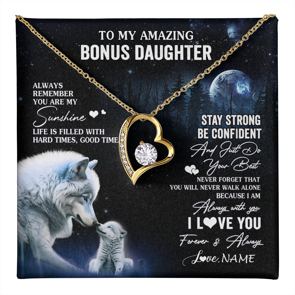 Forever Love Necklace 18K Yellow Gold Finish | 1 | Personalized To My Bonus Daughter Necklace From Stepdad Mom Moon Wolf Stepddaughter Birthday Gifts Jewelry Christmas Customized Gift Box Message Card | teecentury