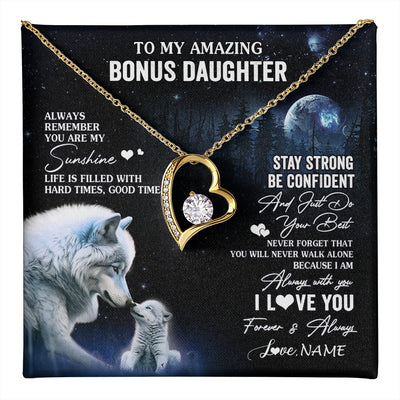 Forever Love Necklace 18K Yellow Gold Finish | 1 | Personalized To My Bonus Daughter Necklace From Stepdad Mom Moon Wolf Stepddaughter Birthday Gifts Jewelry Christmas Customized Gift Box Message Card | teecentury