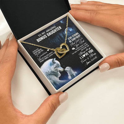 Interlocking Hearts Necklace 18K Yellow Gold Finish | 2 | Personalized To My Bonus Daughter Necklace From Stepdad Mom Moon Wolf Stepddaughter Birthday Gifts Jewelry Christmas Customized Gift Box Message Card | teecentury