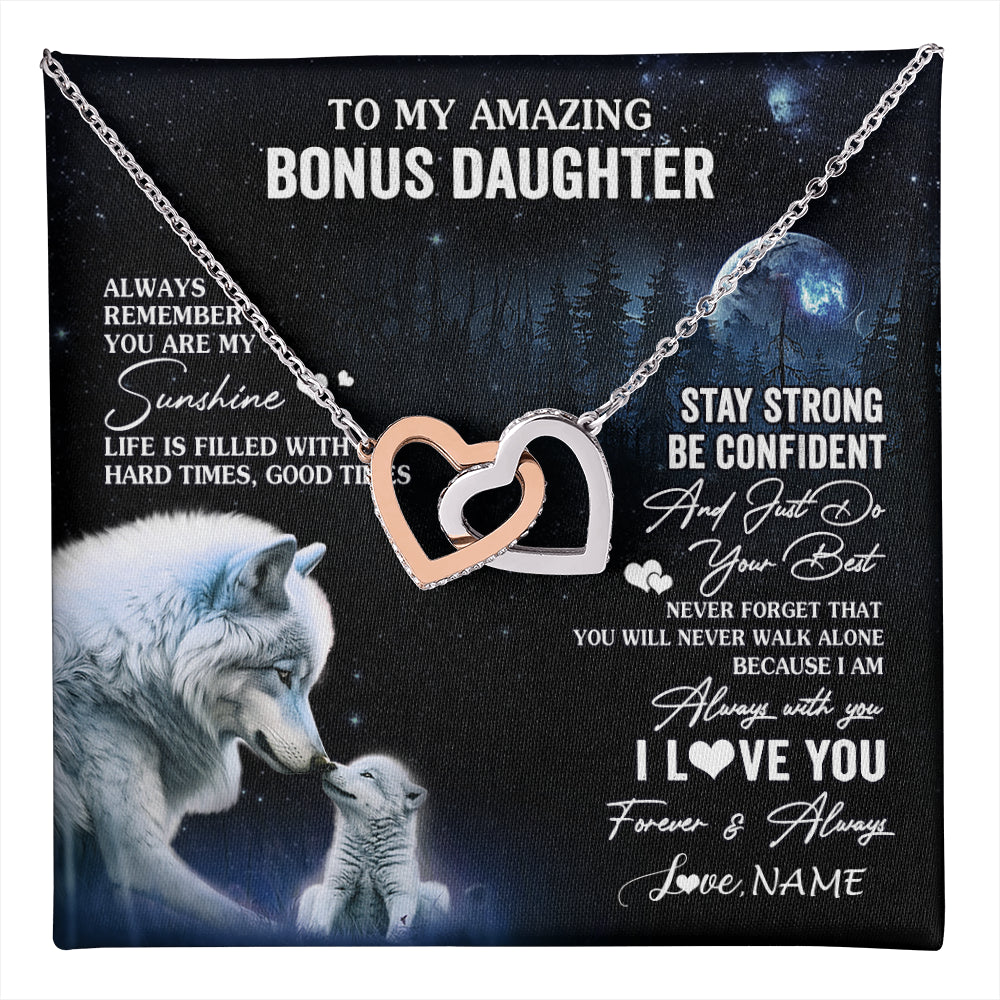 Interlocking Hearts Necklace Stainless Steel & Rose Gold Finish | 1 | Personalized To My Bonus Daughter Necklace From Stepdad Mom Moon Wolf Stepddaughter Birthday Gifts Jewelry Christmas Customized Gift Box Message Card | teecentury