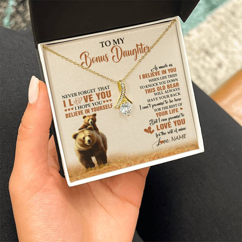 Alluring Beauty Necklace 18K Yellow Gold Finish | 2 | Personalized To My Bonus Daughter Necklace From Stepdad Mom This Old Bear Love You Birthday Jewelry Graduation Christmas Customized Gift Box Message Card | teecentury