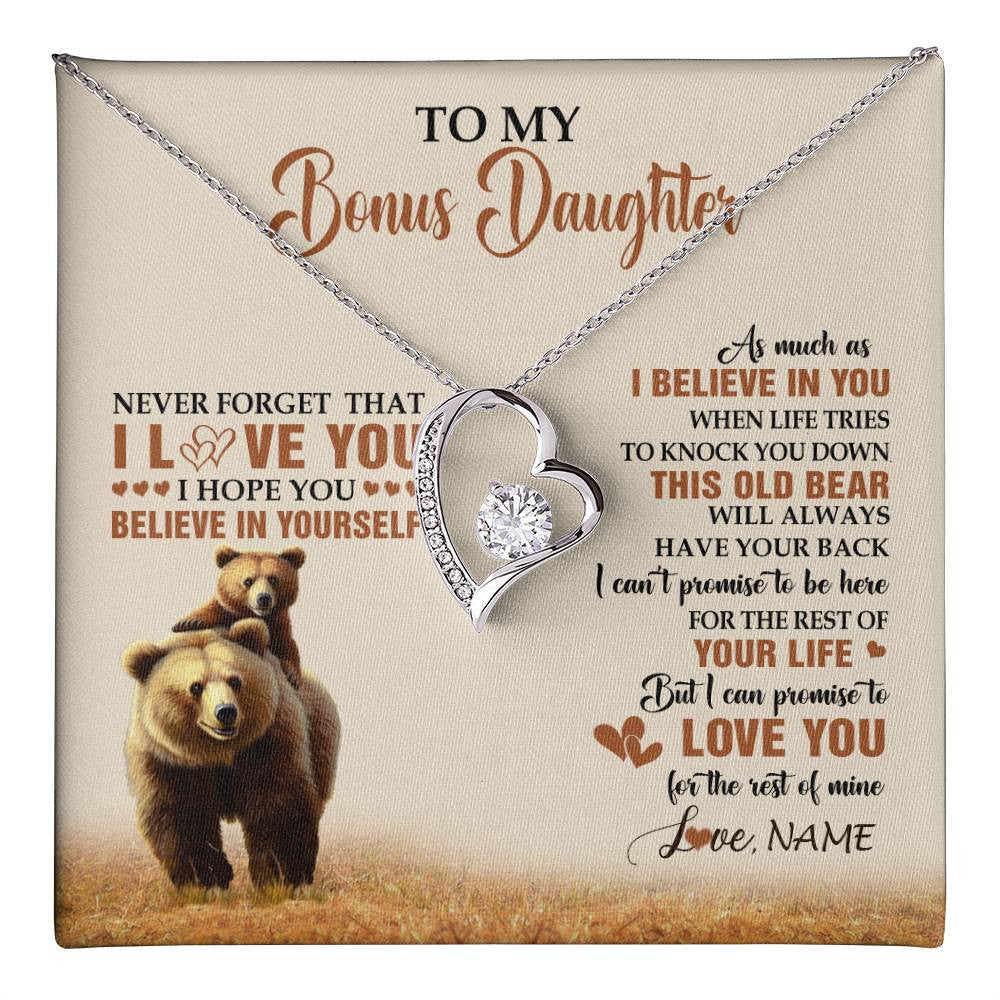 Forever Love Necklace 14K White Gold Finish | 1 | Personalized To My Bonus Daughter Necklace From Stepdad Mom This Old Bear Love You Birthday Jewelry Graduation Christmas Customized Gift Box Message Card | teecentury