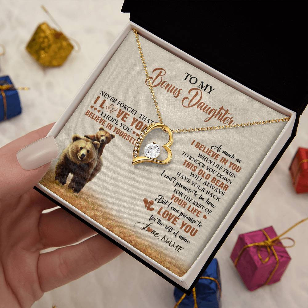 Forever Love Necklace 18K Yellow Gold Finish | 2 | Personalized To My Bonus Daughter Necklace From Stepdad Mom This Old Bear Love You Birthday Jewelry Graduation Christmas Customized Gift Box Message Card | teecentury