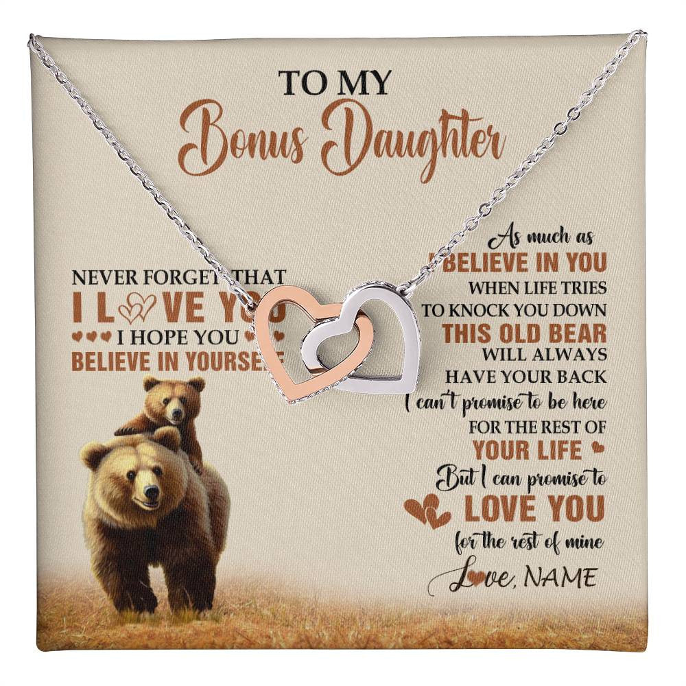 Interlocking Hearts Necklace Stainless Steel & Rose Gold Finish | 1 | Personalized To My Bonus Daughter Necklace From Stepdad Mom This Old Bear Love You Birthday Jewelry Graduation Christmas Customized Gift Box Message Card | teecentury