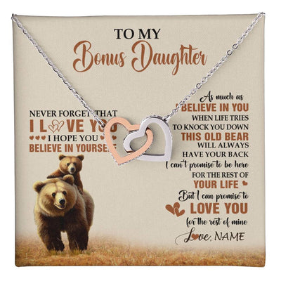 Interlocking Hearts Necklace Stainless Steel & Rose Gold Finish | 1 | Personalized To My Bonus Daughter Necklace From Stepdad Mom This Old Bear Love You Birthday Jewelry Graduation Christmas Customized Gift Box Message Card | teecentury