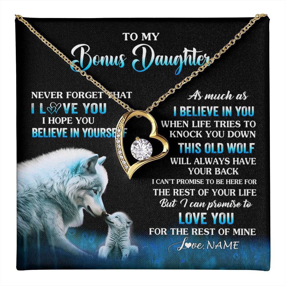 Forever Love Necklace 18K Yellow Gold Finish | 1 | Personalized To My Bonus Daughter Necklace From Stepdad Mom This Old Wolf Love Birthday Gifts Jewelry Graduation Christmas Customized Gift Box Message Card | teecentury