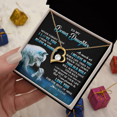 Forever Love Necklace 18K Yellow Gold Finish | 2 | Personalized To My Bonus Daughter Necklace From Stepdad Mom This Old Wolf Love Birthday Gifts Jewelry Graduation Christmas Customized Gift Box Message Card | teecentury
