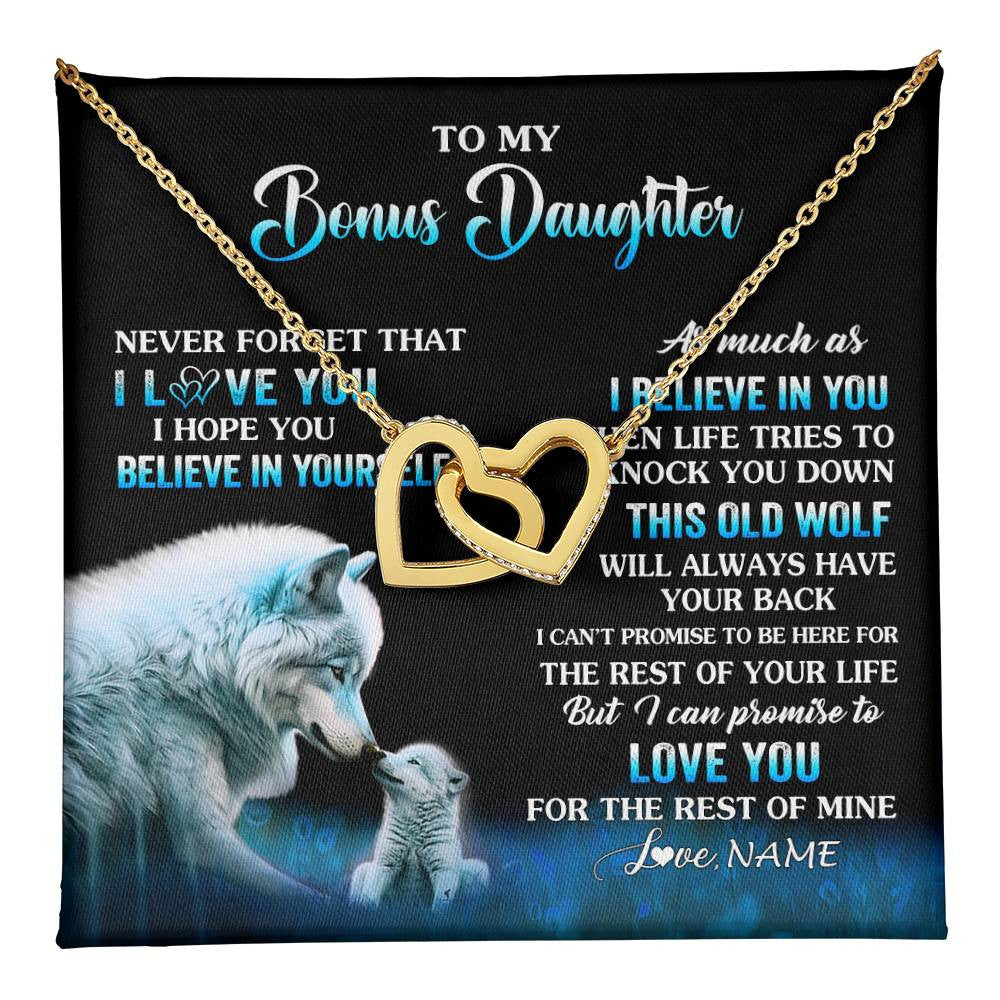 Interlocking Hearts Necklace 18K Yellow Gold Finish | 1 | Personalized To My Bonus Daughter Necklace From Stepdad Mom This Old Wolf Love Birthday Gifts Jewelry Graduation Christmas Customized Gift Box Message Card | teecentury