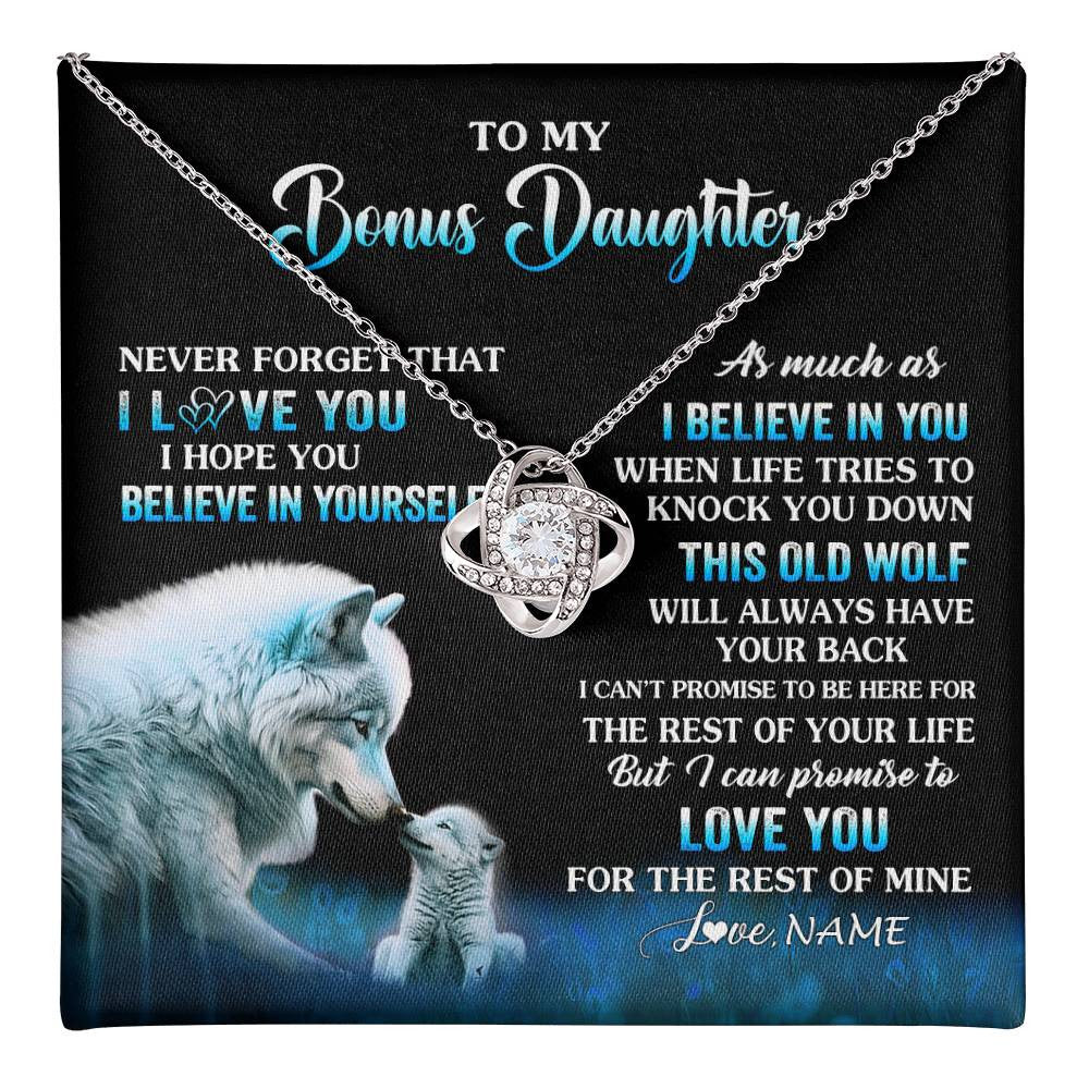 Love Knot Necklace 14K White Gold Finish | 1 | Personalized To My Bonus Daughter Necklace From Stepdad Mom This Old Wolf Love Birthday Gifts Jewelry Graduation Christmas Customized Gift Box Message Card | teecentury