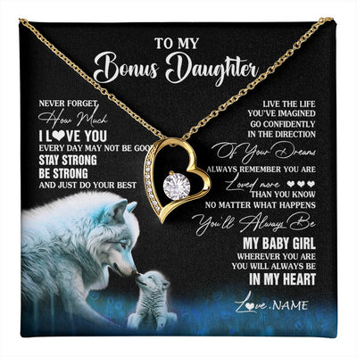 Forever Love Necklace 18K Yellow Gold Finish | 1 | Personalized To My Bonus Daughter Necklace From Stepdad Mom Wolf Never Forget How Much I Love You Birthday Gifts Christmas Customized Gift Box Message Card | teecentury