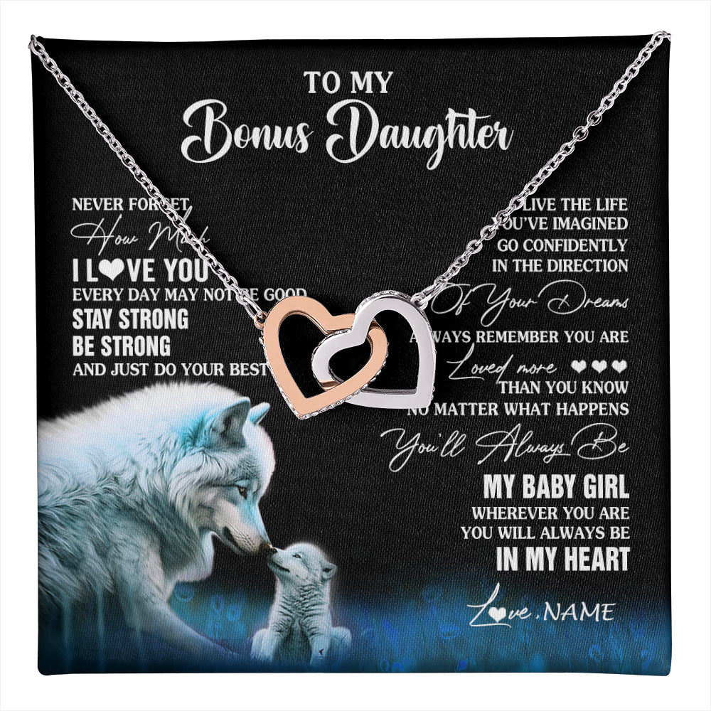 Interlocking Hearts Necklace Stainless Steel & Rose Gold Finish | 1 | Personalized To My Bonus Daughter Necklace From Stepdad Mom Wolf Never Forget How Much I Love You Birthday Gifts Christmas Customized Gift Box Message Card | teecentury