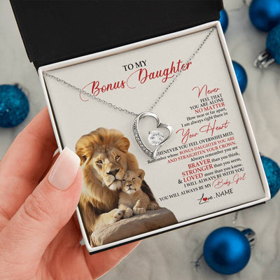 Forever Love Necklace 14K White Gold Finish | 2 | Personalized To My Bonus Daughter Necklace From Stepdad Never Feel You Are Alone Lion Stepdaughter Birthday Christmas Customized Gift Box Message Card.jpg | teecentury