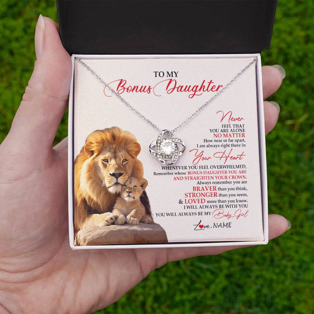 Love Knot Necklace 14K White Gold Finish | 2 | Personalized To My Bonus Daughter Necklace From Stepdad Never Feel You Are Alone Lion Stepdaughter Birthday Christmas Customized Gift Box Message Card.jpg | teecentury