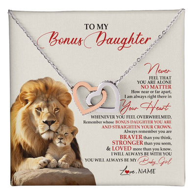 Interlocking Hearts Necklace Stainless Steel & Rose Gold Finish | 1 | Personalized To My Bonus Daughter Necklace From Stepdad Never Feel You Are Alone Lion Stepdaughter Birthday Christmas Customized Gift Box Message Card | teecentury