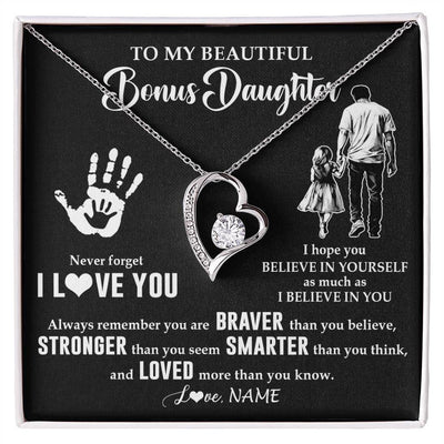 Forever Love Necklace 14K White Gold Finish | 1 | Personalized To My Bonus Daughter Necklace From Stepdad Never Forget I Love You Stepdaughter Birthday Christmas Graduation Customized Gift Box Message Card | teecentury
