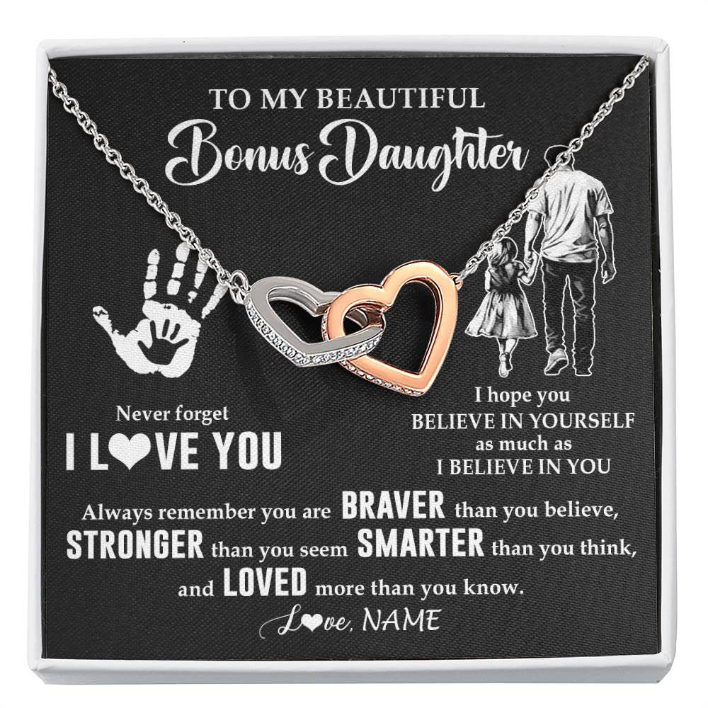 Interlocking Hearts Necklace Stainless Steel & Rose Gold Finish | 1 | Personalized To My Bonus Daughter Necklace From Stepdad Never Forget I Love You Stepdaughter Birthday Christmas Graduation Customized Gift Box Message Card | teecentury
