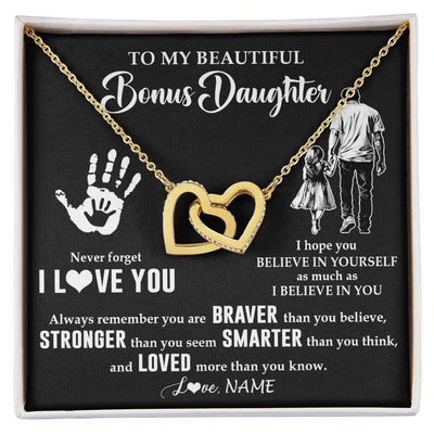 Interlocking Hearts Necklace 18K Yellow Gold Finish | 1 | Personalized To My Bonus Daughter Necklace From Stepdad Never Forget I Love You Stepdaughter Birthday Christmas Graduation Customized Gift Box Message Card | teecentury
