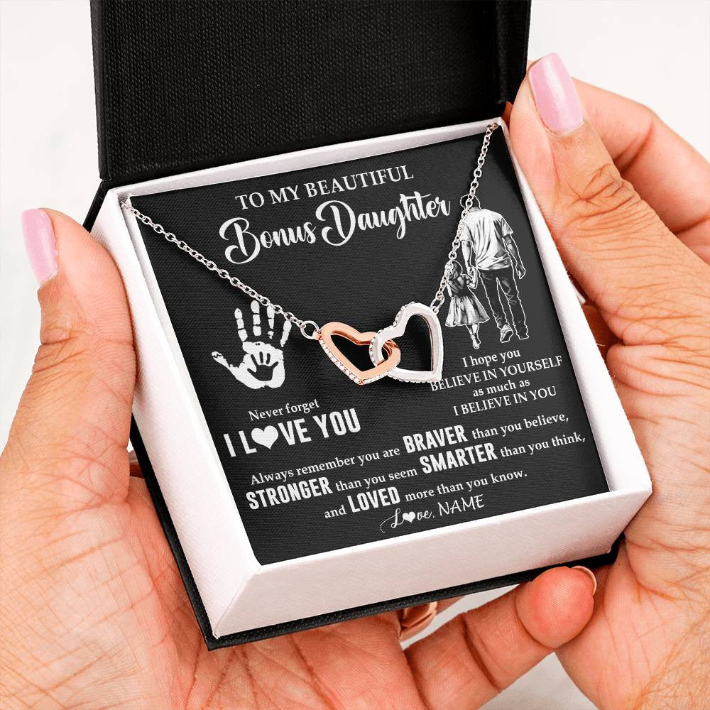 Interlocking Hearts Necklace Stainless Steel & Rose Gold Finish | 2 | Personalized To My Bonus Daughter Necklace From Stepdad Never Forget I Love You Stepdaughter Birthday Christmas Graduation Customized Gift Box Message Card | teecentury