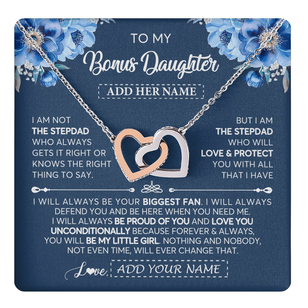 Interlocking Hearts Necklace Stainless Steel & Rose Gold Finish | 1 | Personalized To My Bonus Daughter Necklace From Stepdad Proud Of You Birthday Gifts For Stepdaughter Jewelry Gifts Christmas Custom Gift Box Message Card | https://teecentury.