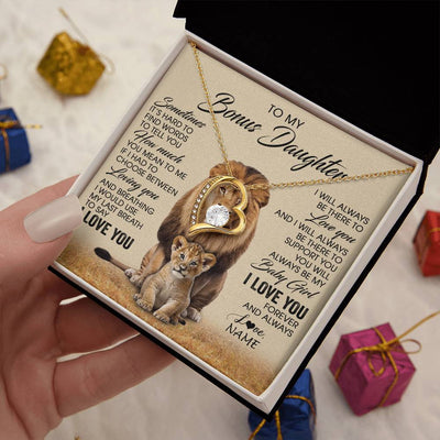 Forever Love Necklace 18K Yellow Gold Finish | 2 | Personalized To My Bonus Daughter Necklace From Stepdad Sometimes It's Hard Lion Stepdaughter Gift Birthday Jewelry Christmas Customized Gift Box Message Card | teecentury