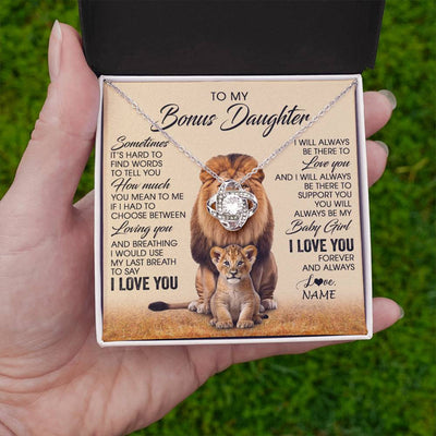 Love Knot Necklace 14K White Gold Finish | 2 | Personalized To My Bonus Daughter Necklace From Stepdad Sometimes It's Hard Lion Stepdaughter Gift Birthday Jewelry Christmas Customized Gift Box Message Card | teecentury