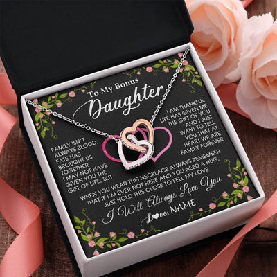 Interlocking Hearts Necklace Stainless Steel & Rose Gold Finish | 2 | Personalized To My Bonus Daughter Necklace From Stepdad Stepmom Family Unbiological Step Daughter Birthday Gifts Christmas Customized Gift Box Message Card | teecentury