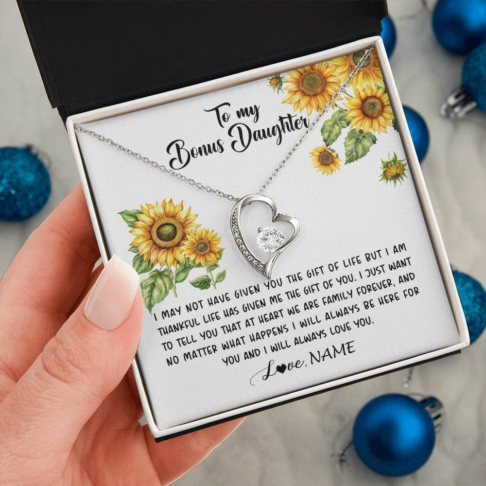 Forever Love Necklace 14K White Gold Finish | 2 | Personalized To My Bonus Daughter Necklace From Stepdad Stepmom Sunflower Unbiological Daughter Stepdaughter On Her Birthday Gifts Christmas Message Card | teecentury