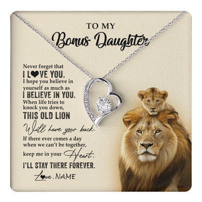 Forever Love Necklace 14K White Gold Finish | 1 | Personalized To My Bonus Daughter Necklace From Stepdad This Old Lion Never Forget I Love You Stepdaughter Birthday Christmas Customized Gift Box Message Card | teecentury