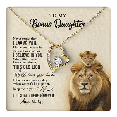 Forever Love Necklace 18K Yellow Gold Finish | 1 | Personalized To My Bonus Daughter Necklace From Stepdad This Old Lion Never Forget I Love You Stepdaughter Birthday Christmas Customized Gift Box Message Card | teecentury