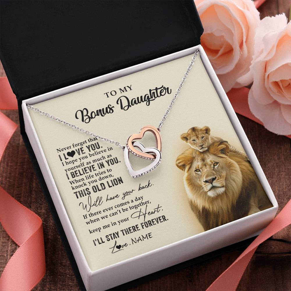 Interlocking Hearts Necklace Stainless Steel & Rose Gold Finish | 2 | Personalized To My Bonus Daughter Necklace From Stepdad This Old Lion Never Forget I Love You Stepdaughter Birthday Christmas Customized Gift Box Message Card | teecentury