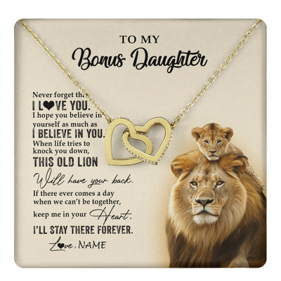 Interlocking Hearts Necklace 18K Yellow Gold Finish | 1 | Personalized To My Bonus Daughter Necklace From Stepdad This Old Lion Never Forget I Love You Stepdaughter Birthday Christmas Customized Gift Box Message Card | teecentury
