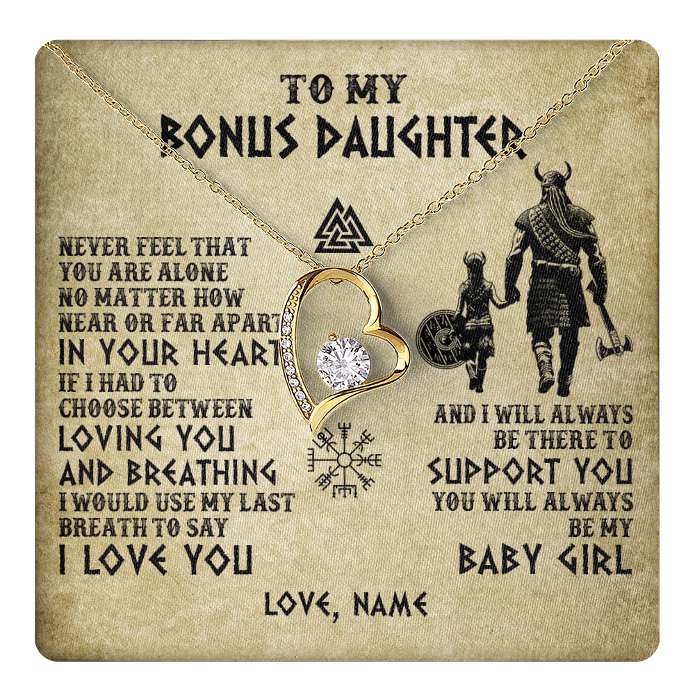 Forever Love Necklace 18K Yellow Gold Finish | 1 | Personalized To My Bonus Daughter Necklace From Stepdad Viking Never Feel That You Are Alone Viking Stepdaughter Christmas Customized Gift Box Message Card | teecentury