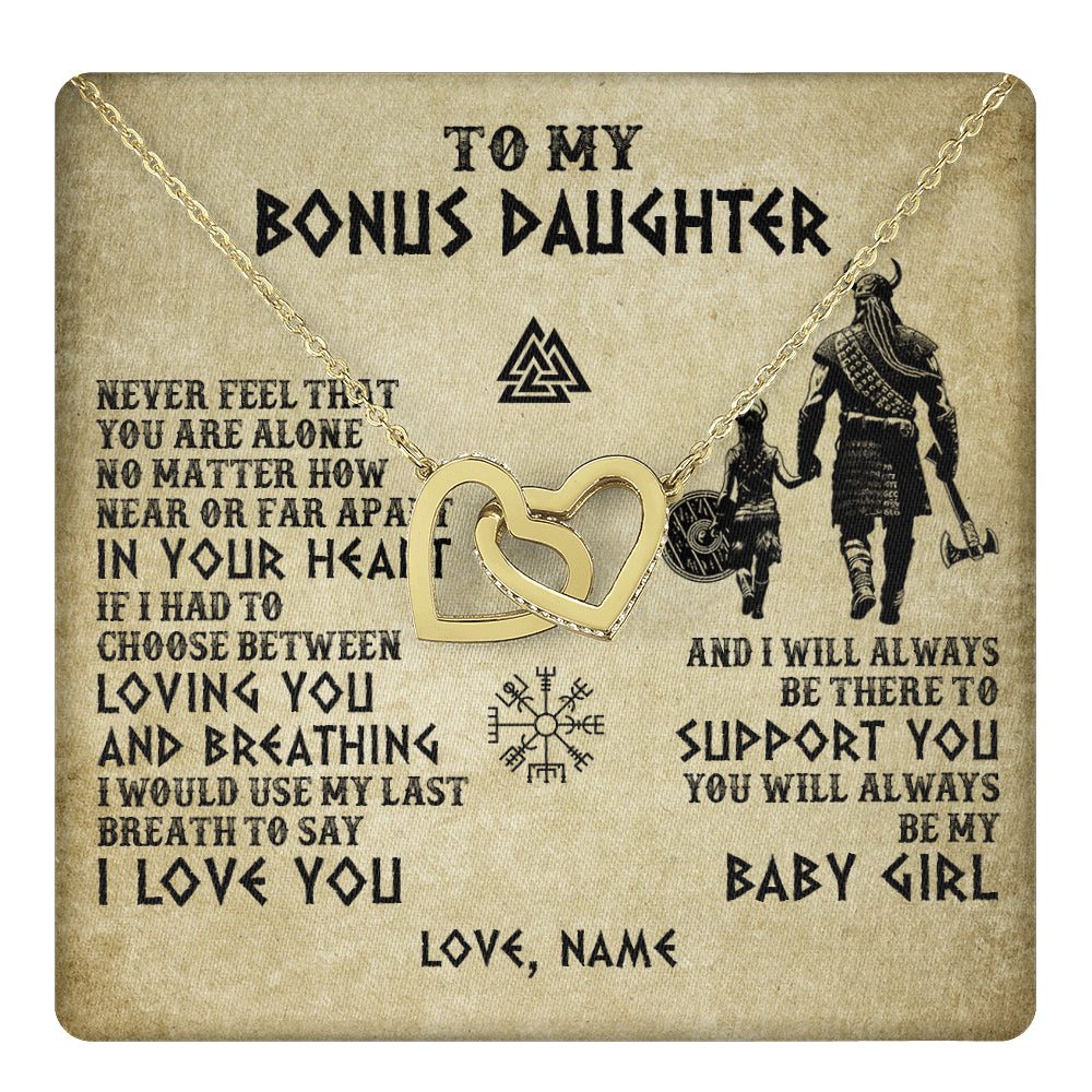 Interlocking Hearts Necklace 18K Yellow Gold Finish | 1 | Personalized To My Bonus Daughter Necklace From Stepdad Viking Never Feel That You Are Alone Viking Stepdaughter Christmas Customized Gift Box Message Card | teecentury