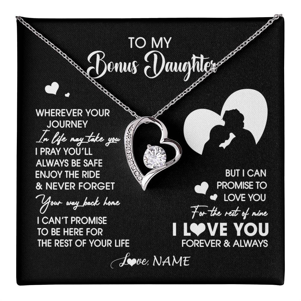 Forever Love Necklace 14K White Gold Finish | 1 | Personalized To My Bonus Daughter Necklace From Stepdad Wherever Your Journey Stepdaughter Birthday Gifts Graduation Christmas Customized Gift Box Message Card | teecentury