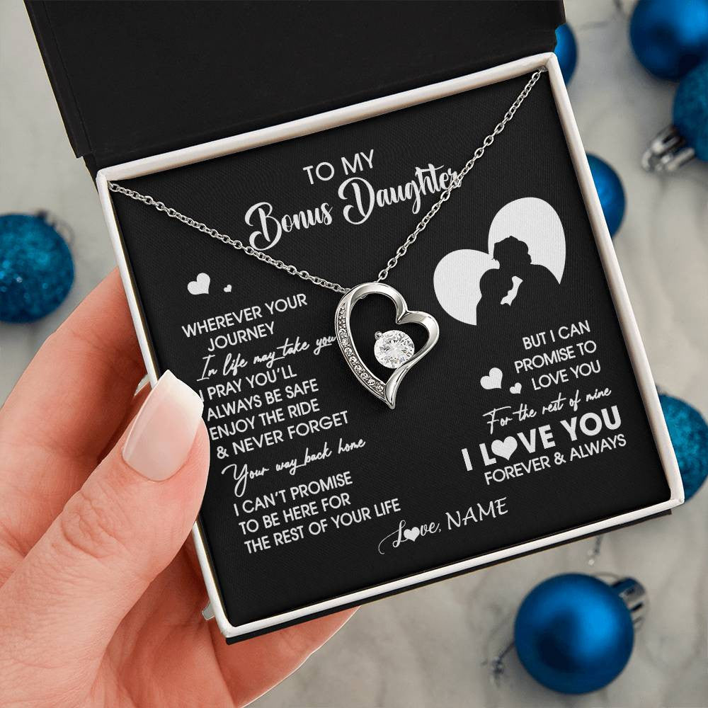 Forever Love Necklace 14K White Gold Finish | 2 | Personalized To My Bonus Daughter Necklace From Stepdad Wherever Your Journey Stepdaughter Birthday Gifts Graduation Christmas Customized Gift Box Message Card | teecentury