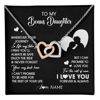 Interlocking Hearts Necklace Stainless Steel & Rose Gold Finish | 1 | Personalized To My Bonus Daughter Necklace From Stepdad Wherever Your Journey Stepdaughter Birthday Gifts Graduation Christmas Customized Gift Box Message Card | teecentury