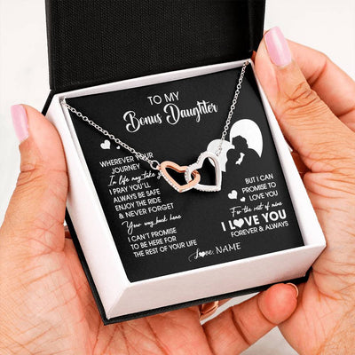Interlocking Hearts Necklace Stainless Steel & Rose Gold Finish | 2 | Personalized To My Bonus Daughter Necklace From Stepdad Wherever Your Journey Stepdaughter Birthday Gifts Graduation Christmas Customized Gift Box Message Card | teecentury