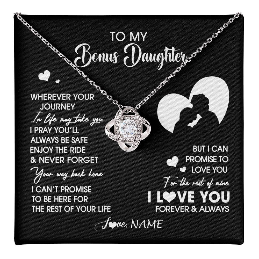 Love Knot Necklace 14K White Gold Finish | 1 | Personalized To My Bonus Daughter Necklace From Stepdad Wherever Your Journey Stepdaughter Birthday Gifts Graduation Christmas Customized Gift Box Message Card | teecentury