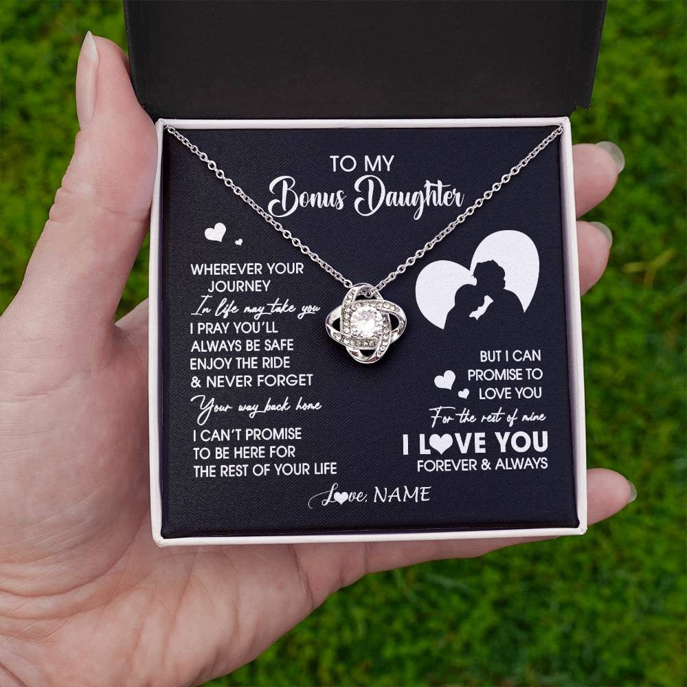 Love Knot Necklace 14K White Gold Finish | 2 | Personalized To My Bonus Daughter Necklace From Stepdad Wherever Your Journey Stepdaughter Birthday Gifts Graduation Christmas Customized Gift Box Message Card | teecentury