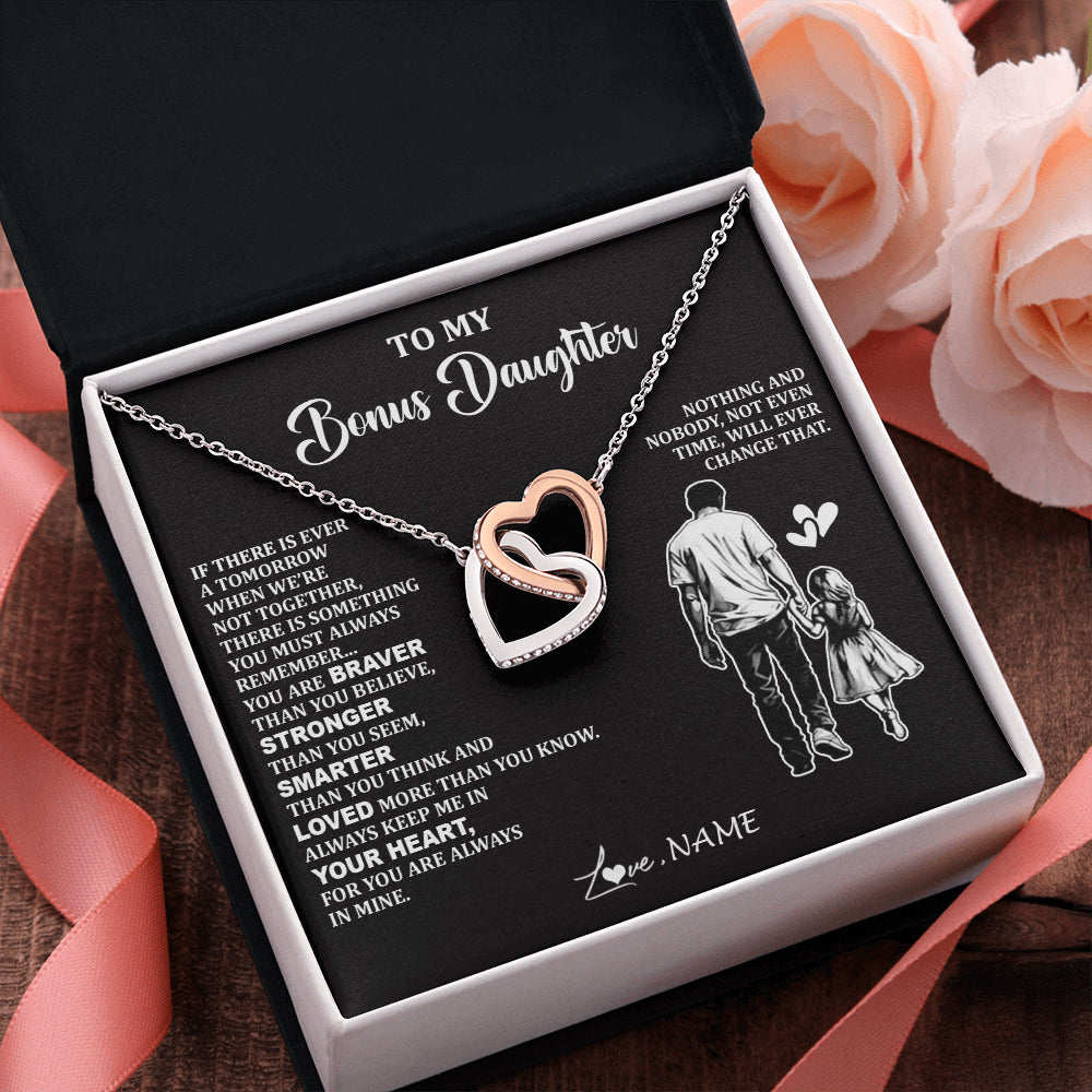 Interlocking Hearts Necklace Stainless Steel & Rose Gold Finish | 2 | Personalized To My Bonus Daughter Necklace From Stepdad You Are Always In Mine Beautiful Stepddaughter Birthday Graduation Christmas With Gift Box Message Card | teecentury