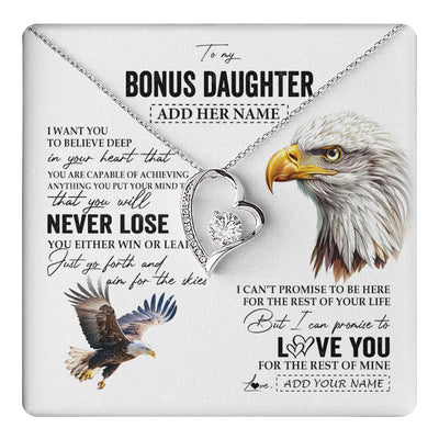 Forever Love Necklace 14K White Gold Finish | 1 | Personalized To My Bonus Daughter Necklace From Stepdad You Will Never Lose Eagle Stepdaughter Birthday Gifts Graduation Christmas Gift Box Message Card | teecentury