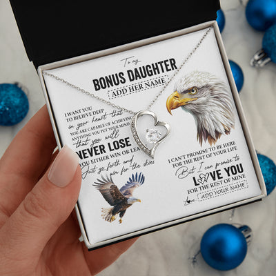 Forever Love Necklace 14K White Gold Finish | 2 | Personalized To My Bonus Daughter Necklace From Stepdad You Will Never Lose Eagle Stepdaughter Birthday Gifts Graduation Christmas Gift Box Message Card | teecentury