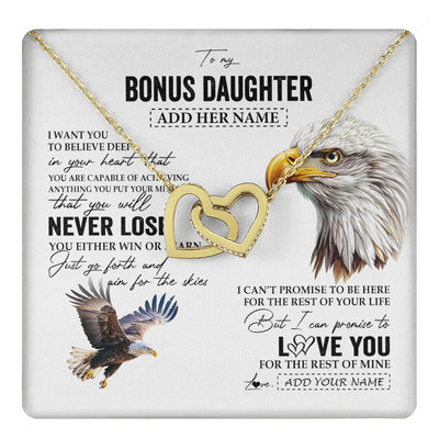 Interlocking Hearts Necklace 18K Yellow Gold Finish | 1 | Personalized To My Bonus Daughter Necklace From Stepdad You Will Never Lose Eagle Stepdaughter Birthday Gifts Graduation Christmas Gift Box Message Card | teecentury