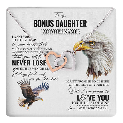 Interlocking Hearts Necklace Stainless Steel & Rose Gold Finish | 1 | Personalized To My Bonus Daughter Necklace From Stepdad You Will Never Lose Eagle Stepdaughter Birthday Gifts Graduation Christmas Gift Box Message Card | teecentury