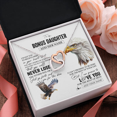 Interlocking Hearts Necklace Stainless Steel & Rose Gold Finish | 2 | Personalized To My Bonus Daughter Necklace From Stepdad You Will Never Lose Eagle Stepdaughter Birthday Gifts Graduation Christmas Gift Box Message Card | teecentury