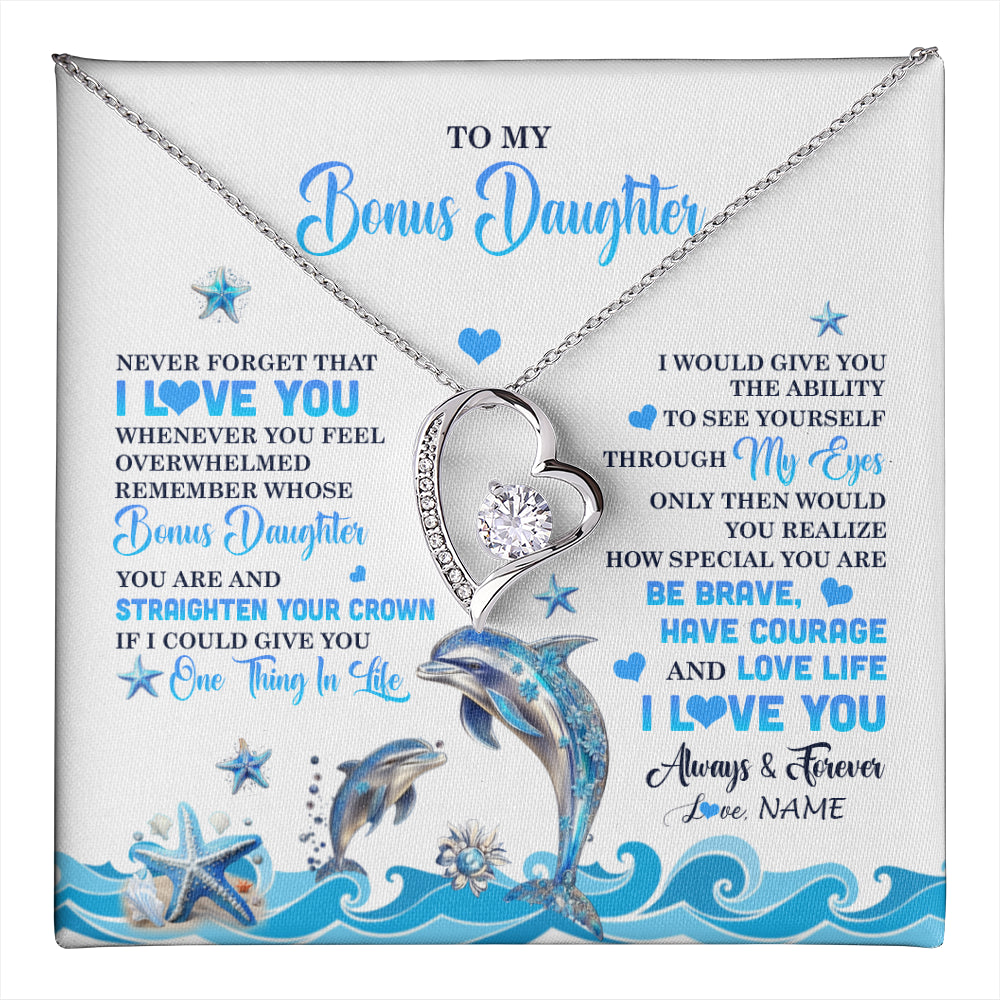 Forever Love Necklace 14K White Gold Finish | 1 | Personalized To My Bonus Daughter Necklace From Stepdmom Dophin Never Forget I Love You Stepddaughter Birthday Gifts Christmas Customized Gift Box Message Card | teecentury