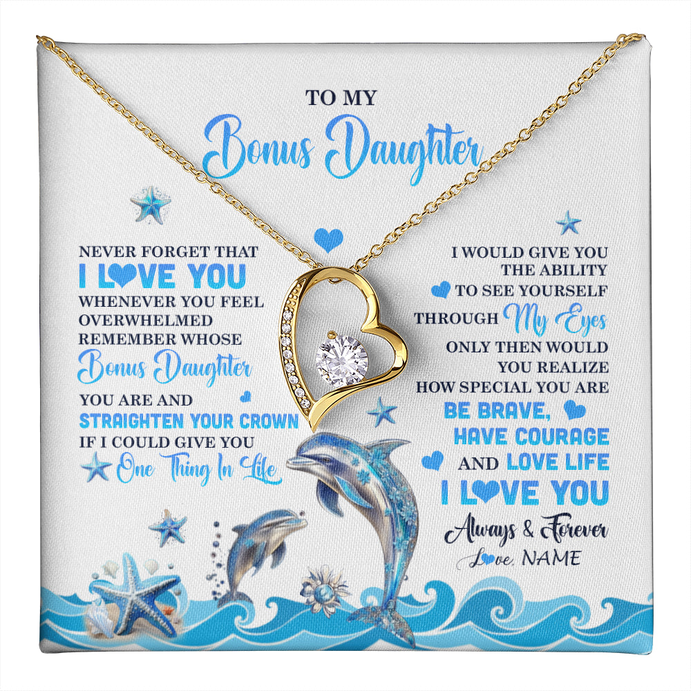 Forever Love Necklace 18K Yellow Gold Finish | 1 | Personalized To My Bonus Daughter Necklace From Stepdmom Dophin Never Forget I Love You Stepddaughter Birthday Gifts Christmas Customized Gift Box Message Card | teecentury