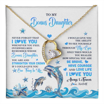 Forever Love Necklace 18K Yellow Gold Finish | 1 | Personalized To My Bonus Daughter Necklace From Stepdmom Dophin Never Forget I Love You Stepddaughter Birthday Gifts Christmas Customized Gift Box Message Card | teecentury