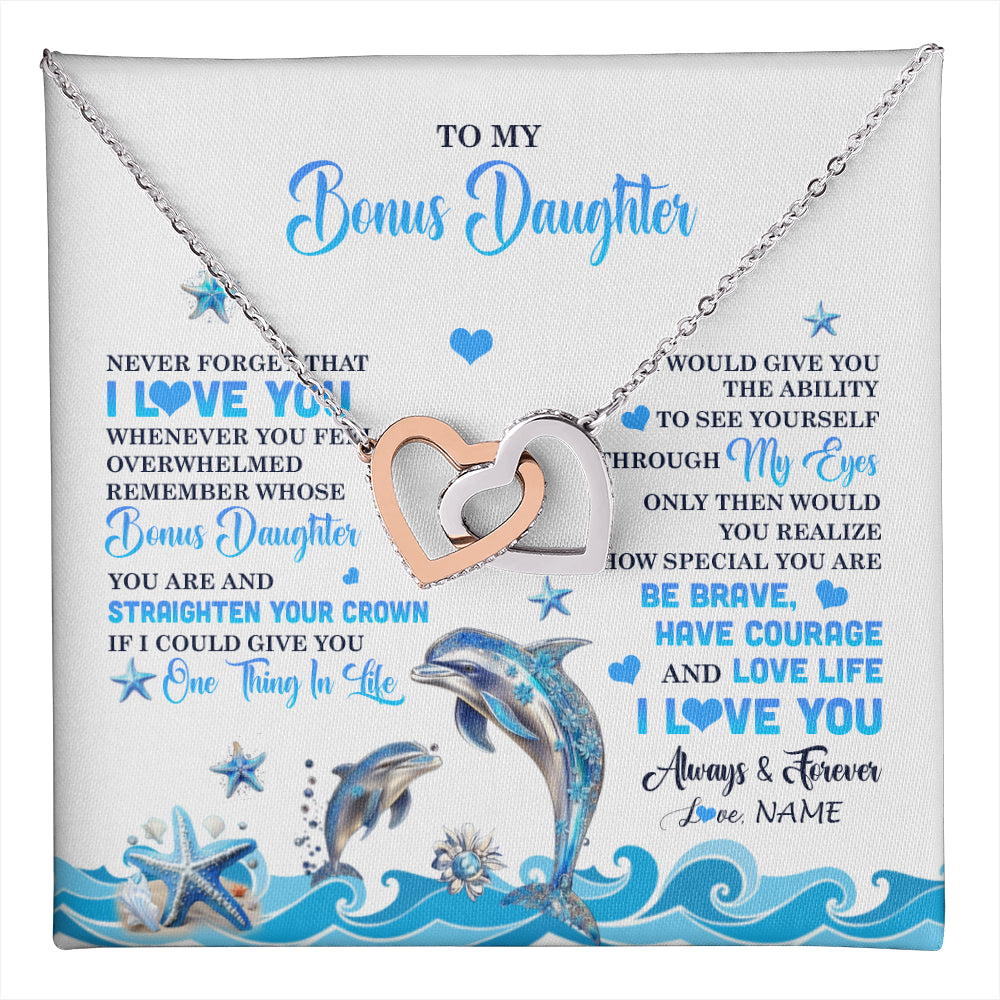 Interlocking Hearts Necklace Stainless Steel & Rose Gold Finish | 1 | Personalized To My Bonus Daughter Necklace From Stepdmom Dophin Never Forget I Love You Stepddaughter Birthday Gifts Christmas Customized Gift Box Message Card | teecentury
